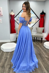 Sweetheart Ruffle Lace Prom Dress Blue Chiffon Appliques Mychicdress